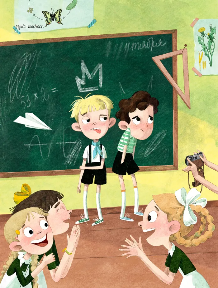 Two boys on stage with classmates taking pictures and applauding.