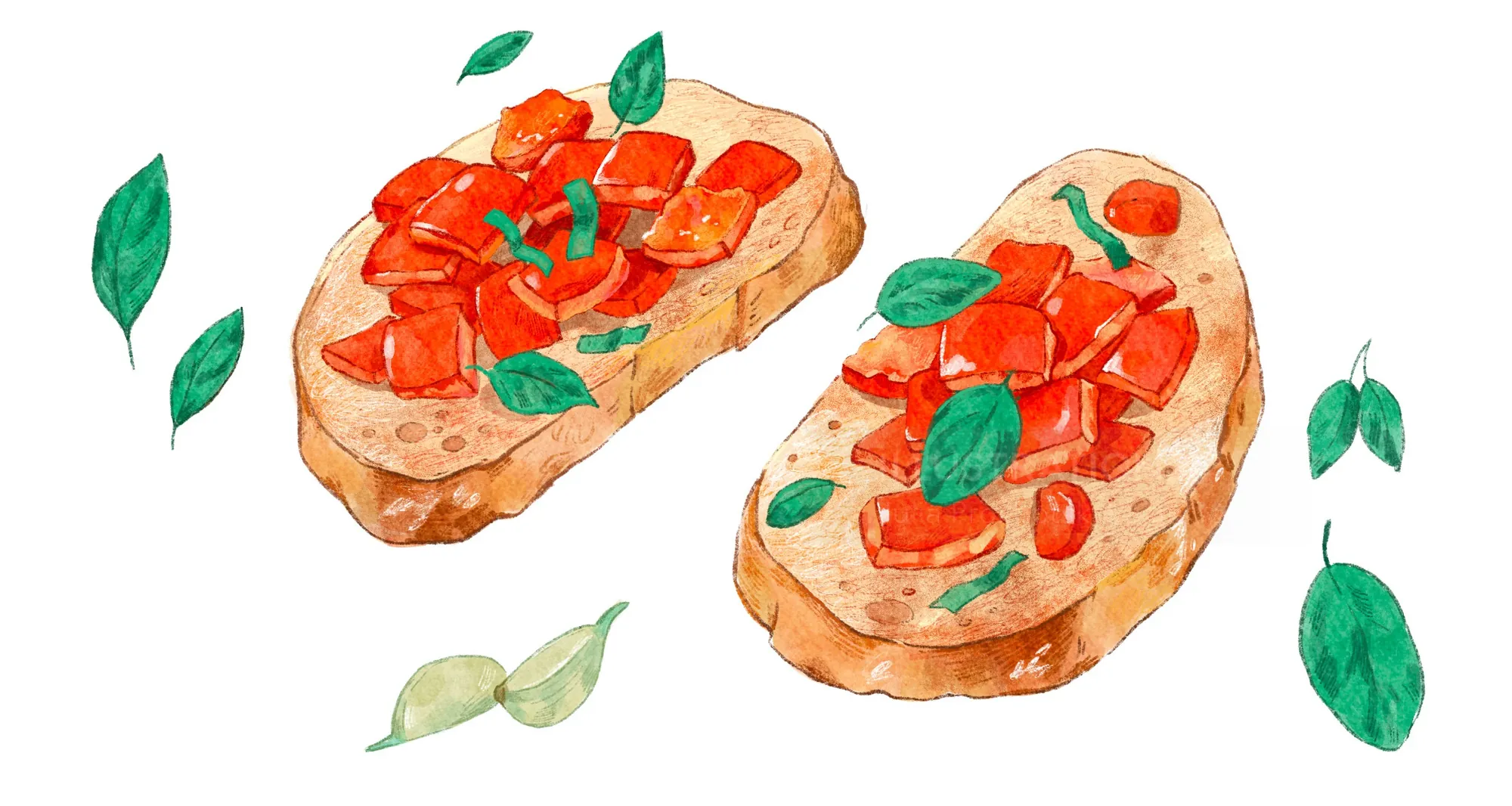 Two bruschetta slices with diced tomatoes and fresh basil leaves