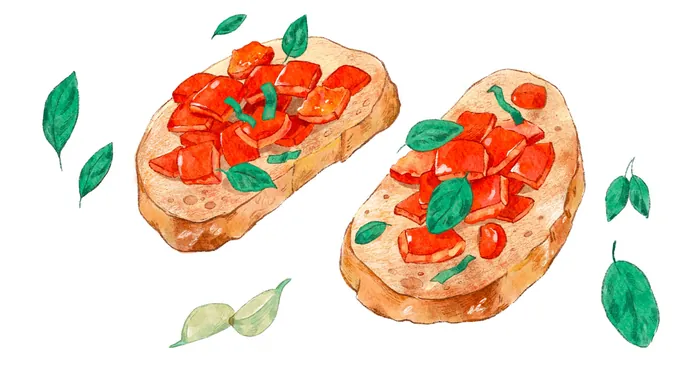 Two bruschetta slices with diced tomatoes and fresh basil leaves