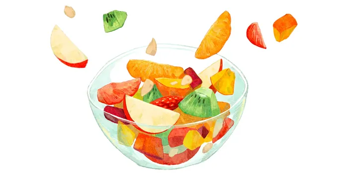 Glass bowl filled with watercolor fruit salad including kiwi, apple, and orange
