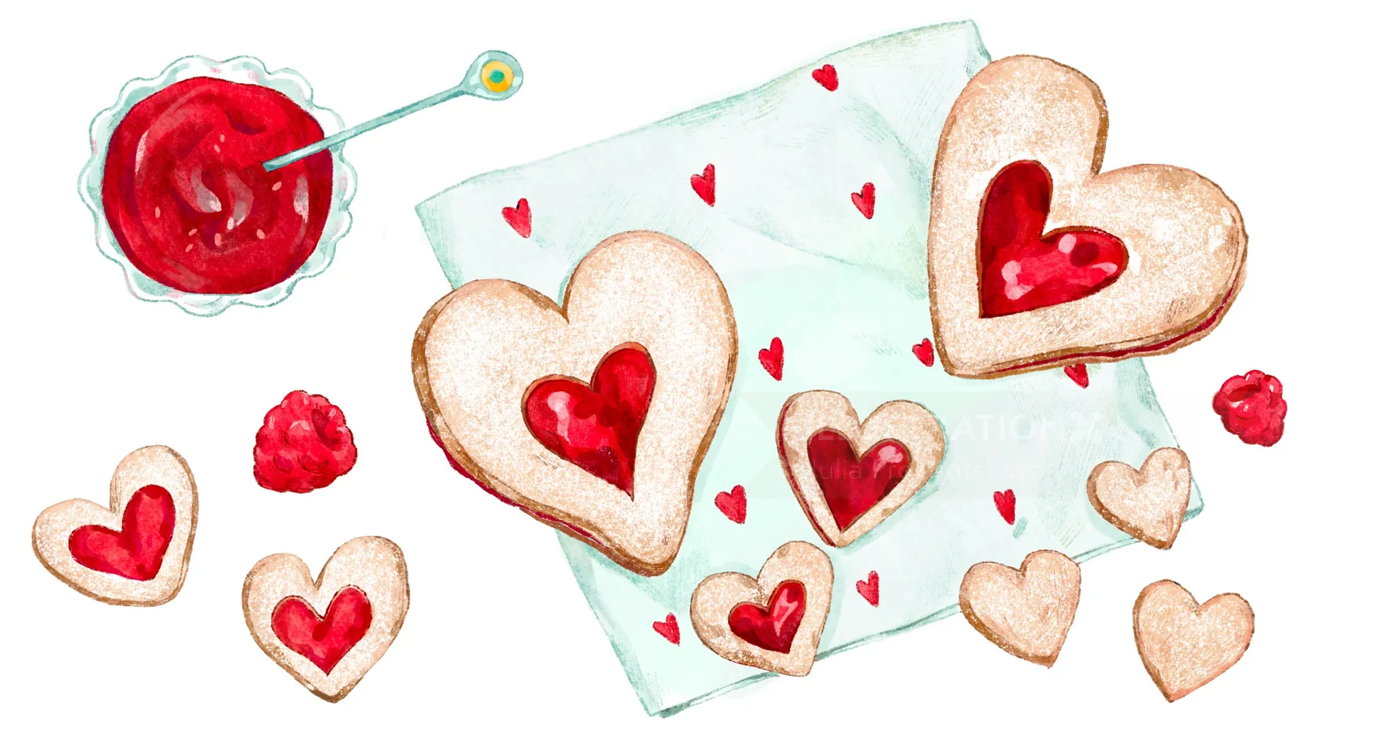 Heart-shaped cookies with red jam and a bowl of jam on napkin