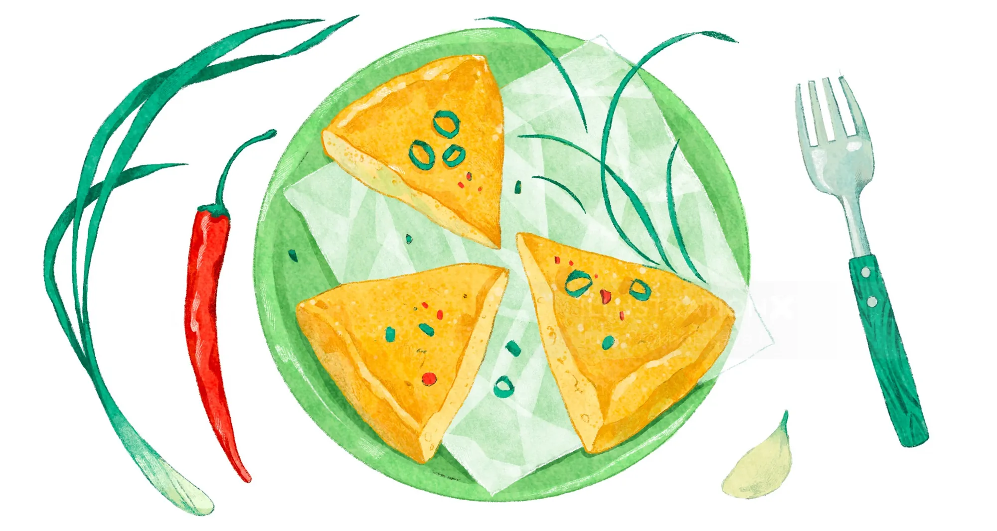 Three tortilla chips on green plate with chili, garlic, and fork