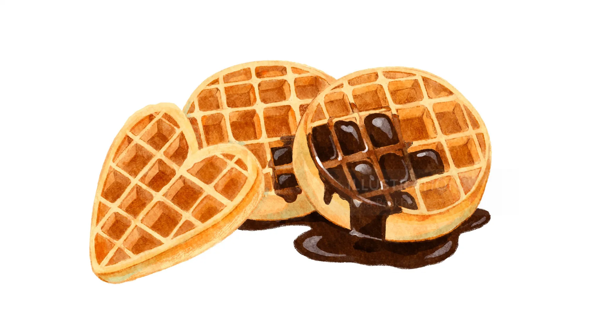 Three golden waffles with chocolate syrup on white background