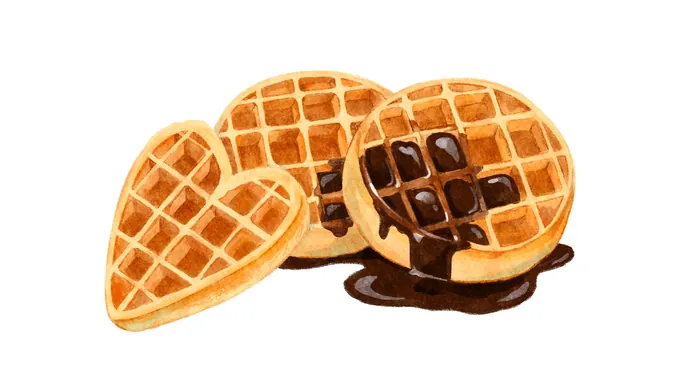 Three golden waffles with chocolate syrup on white background