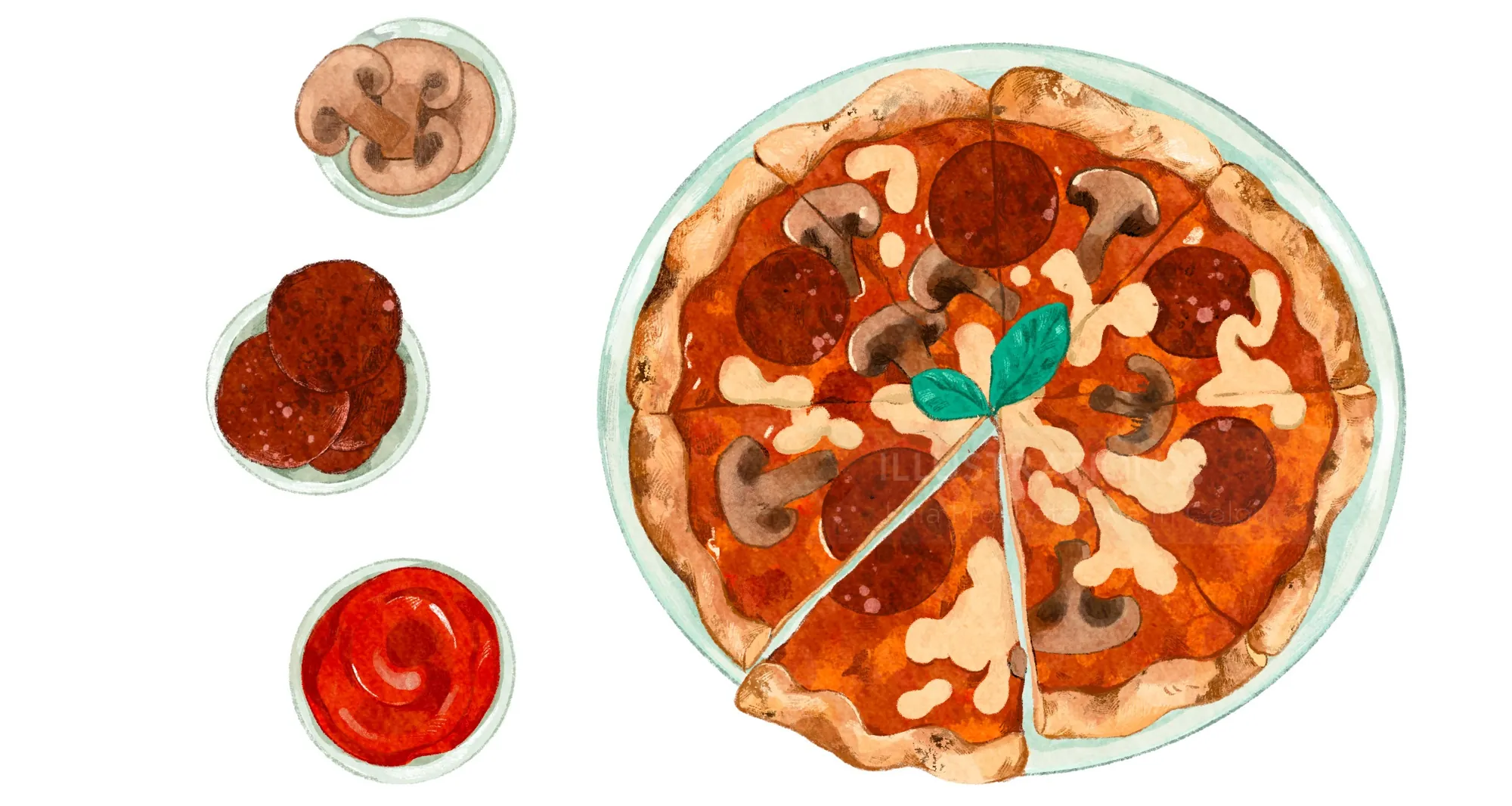 Whole pepperoni and mushroom pizza with dipping sauces on side