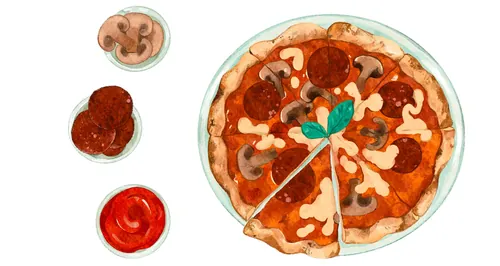 Whole pepperoni and mushroom pizza with dipping sauces on side