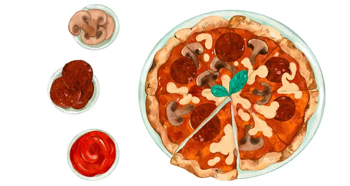 Whole pepperoni and mushroom pizza with dipping sauces on side