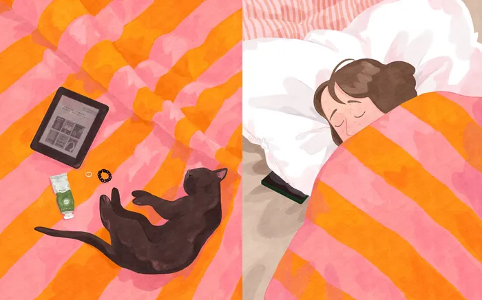 Sleeping person covered with a striped blanket and black cat lying on bed