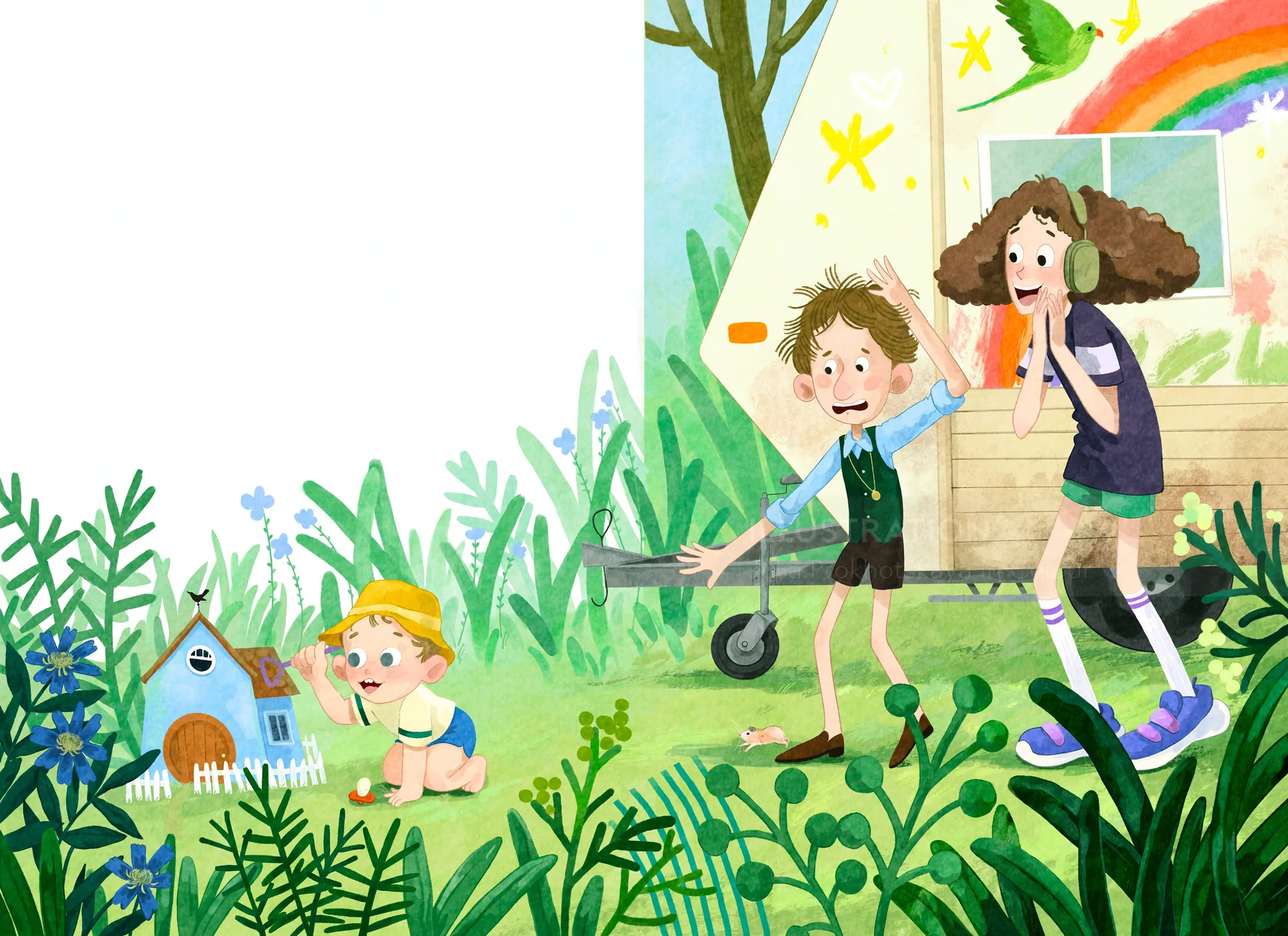 Three kids playing outside near a treehouse and greenery