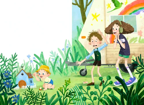Three kids playing outside near a treehouse and greenery