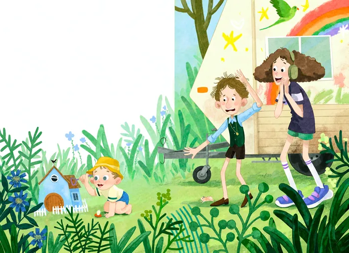 Three kids playing outside near a treehouse and greenery