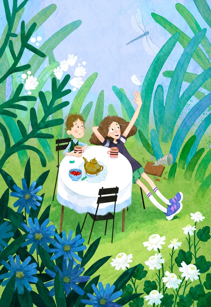 Children having tea at a table in a garden with tall plants and flowers