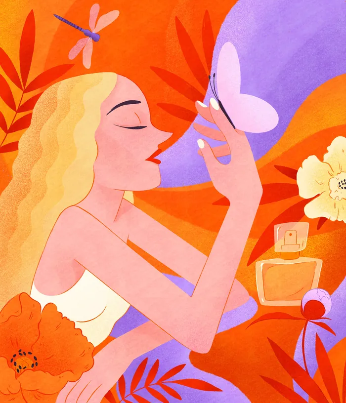 Woman smelling large purple flower with butterflies and orange leaves