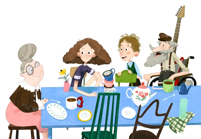 Family members enjoying tea time around a blue table with teapot and cups