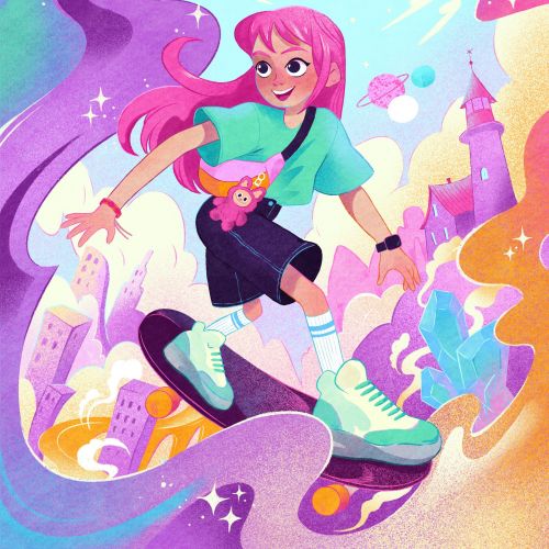 Whimsical cityscape with skateboarding girl