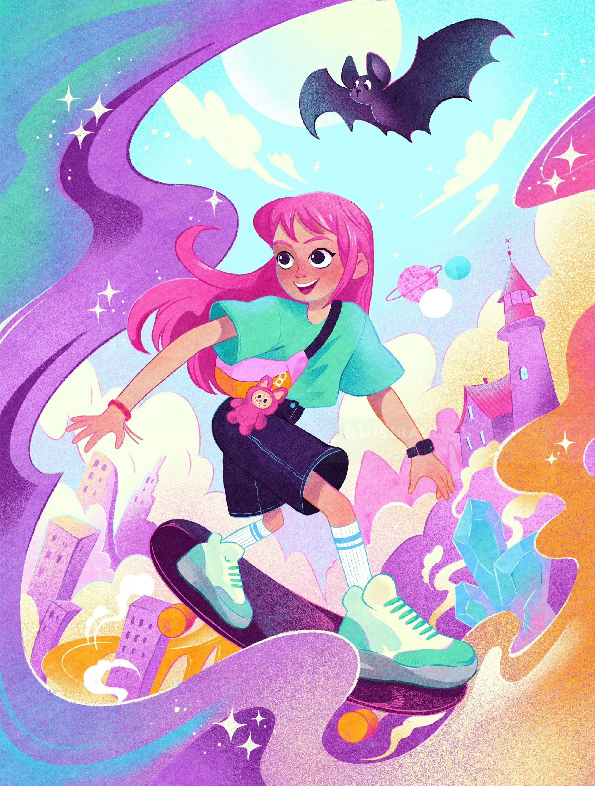 Whimsical cityscape with skateboarding girl