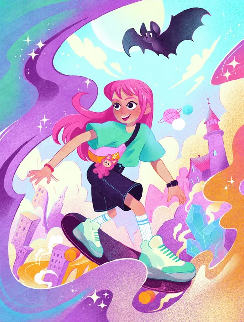Whimsical cityscape with skateboarding girl