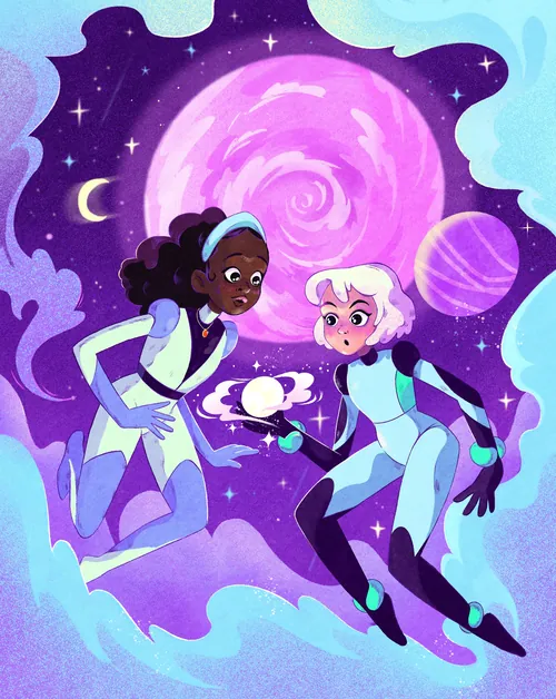 Whimsical space scene with young astronauts exploring