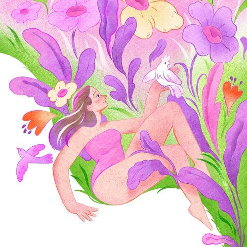 Watercolor illustration of woman with flowers and birds