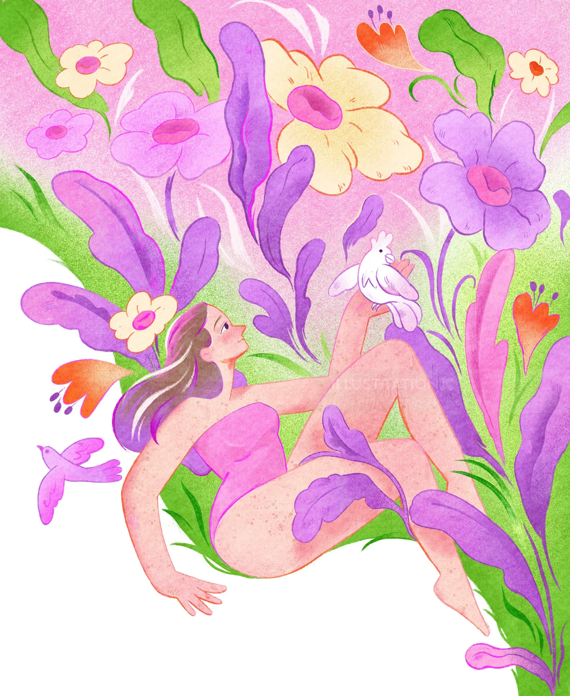 Watercolor illustration of woman with flowers and birds
