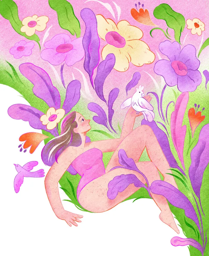 Watercolor illustration of woman with flowers and birds