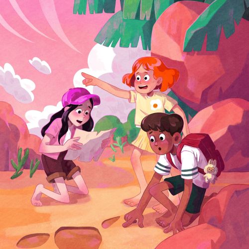 Young explorers following a treasure map in forest