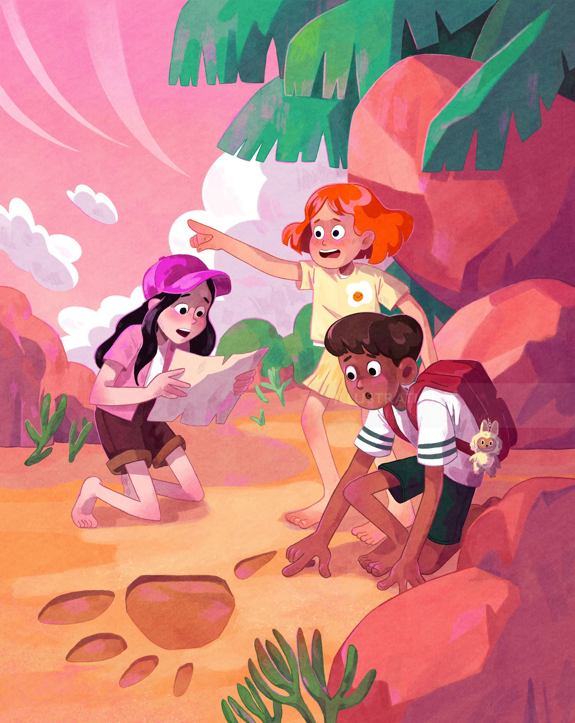 Young explorers following a treasure map in forest