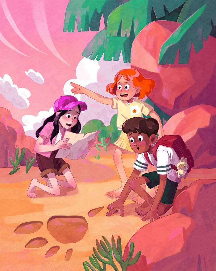 Young explorers following a treasure map in forest