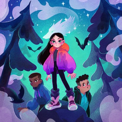 Three kids in colorful clothes in a magical forest with bats at night.