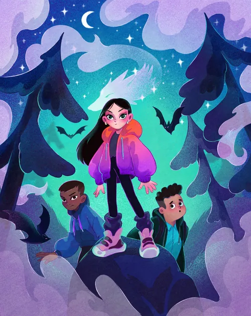 Three kids in colorful clothes in a magical forest with bats at night.