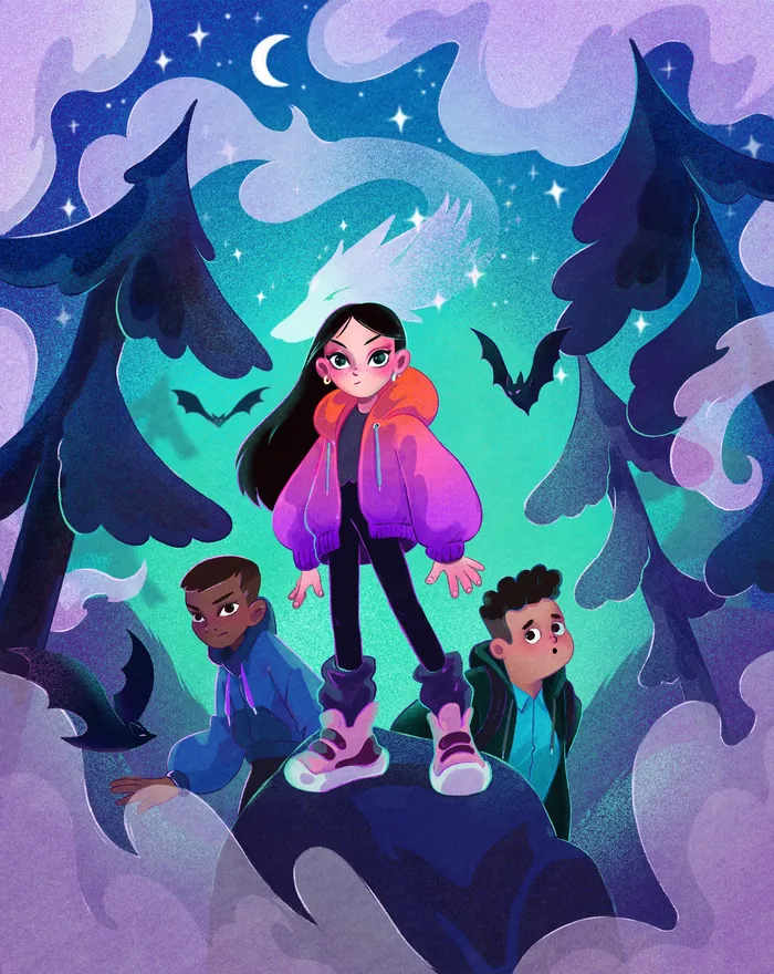 Three kids in colorful clothes in a magical forest with bats at night.