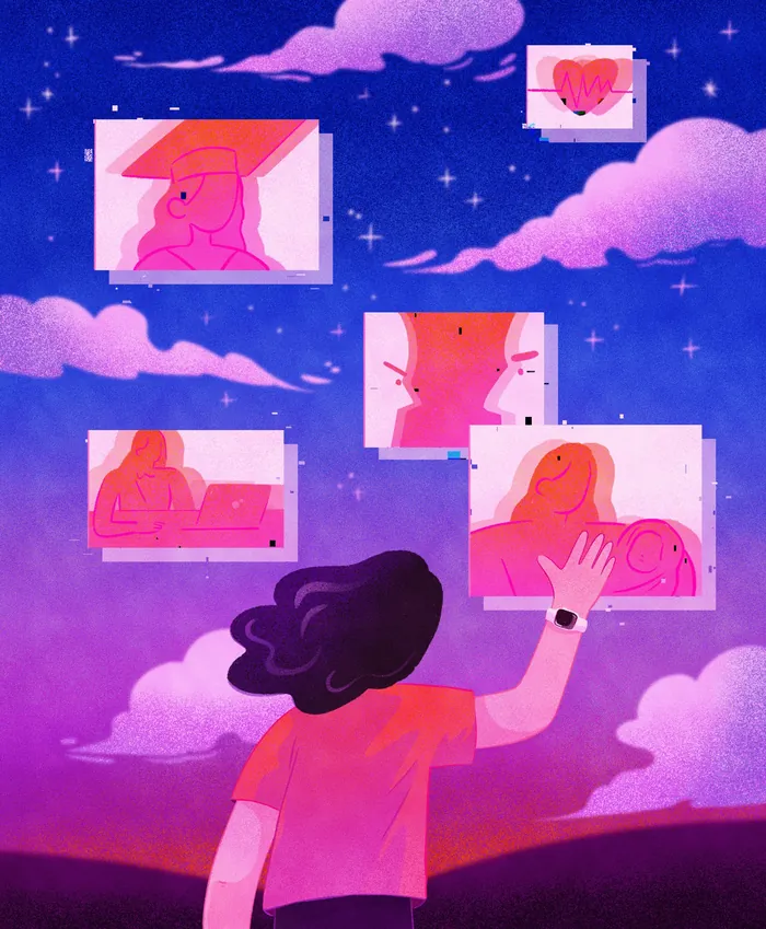 Person reaching to floating digital portraits in a dreamy night sky