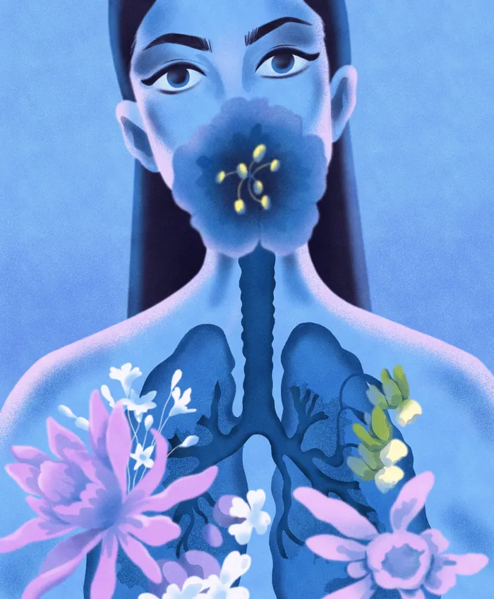 Blue woman with flowers blooming inside her lungs and mouth