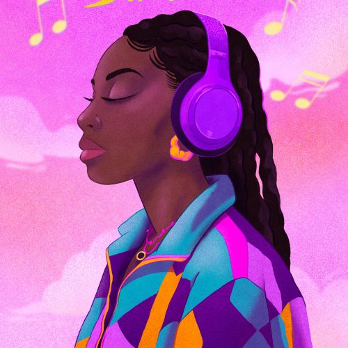 Woman with headphones listening to music with vibrant purple and pink background