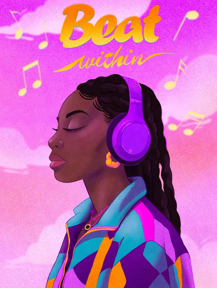 Woman with headphones listening to music with vibrant purple and pink background