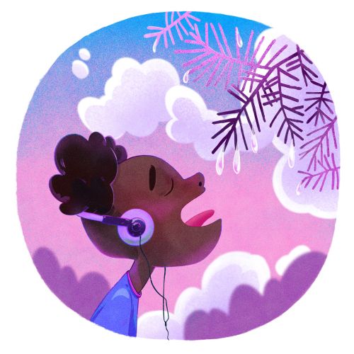 Person singing outdoors with headphones against a purple sky