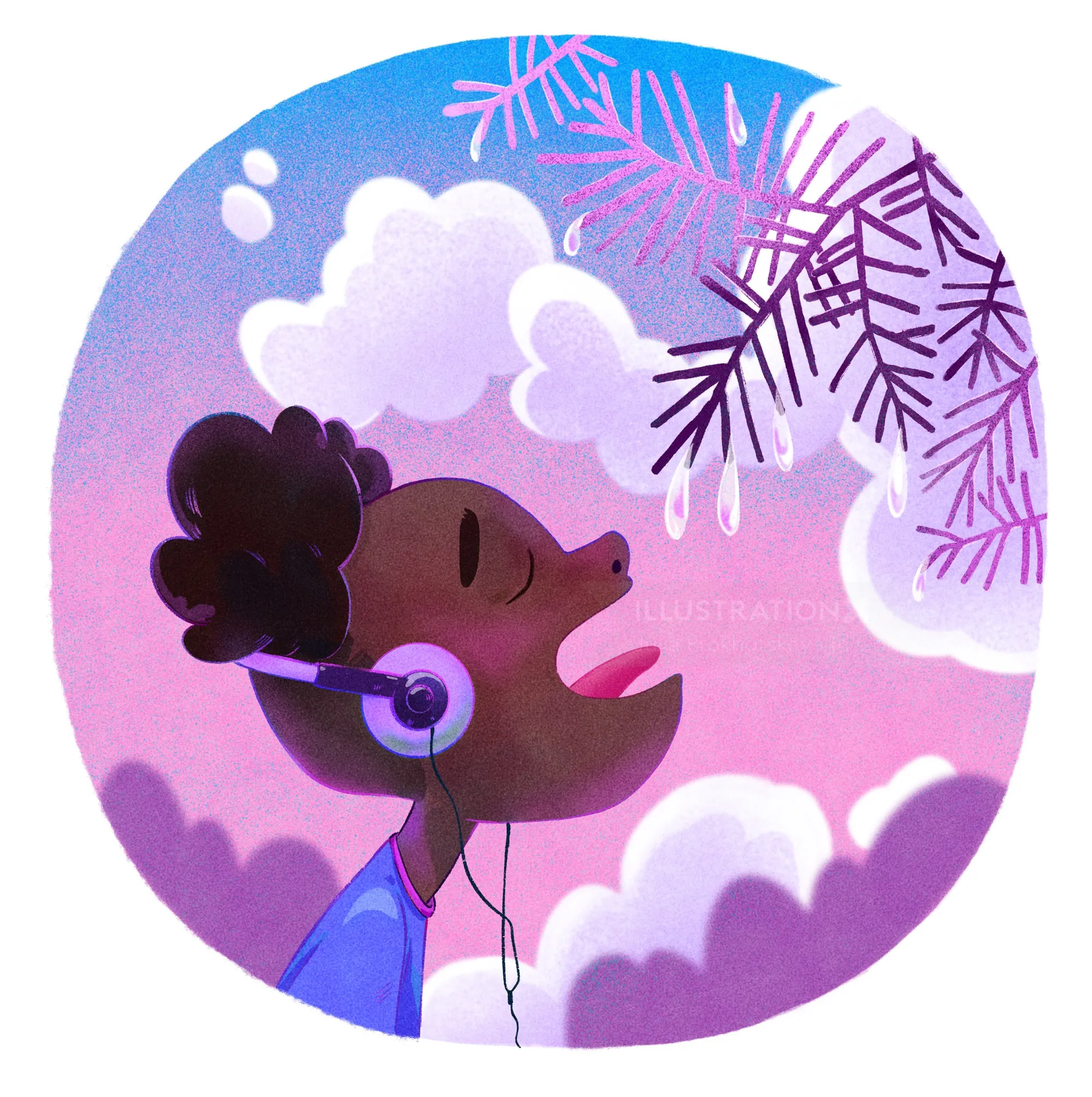 Person singing outdoors with headphones against a purple sky