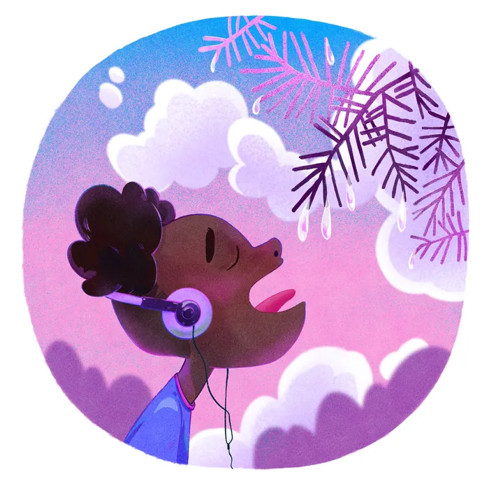 Person singing outdoors with headphones against a purple sky