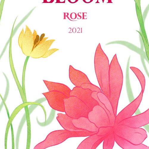 Pink and yellow flowers framing golden bloom rose text 2021.