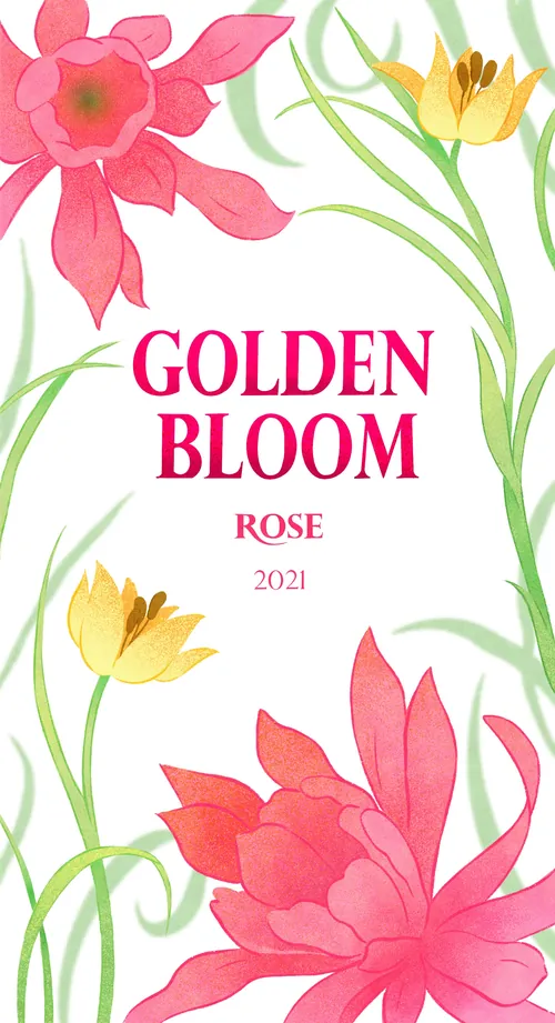 Pink and yellow flowers framing golden bloom rose text 2021.