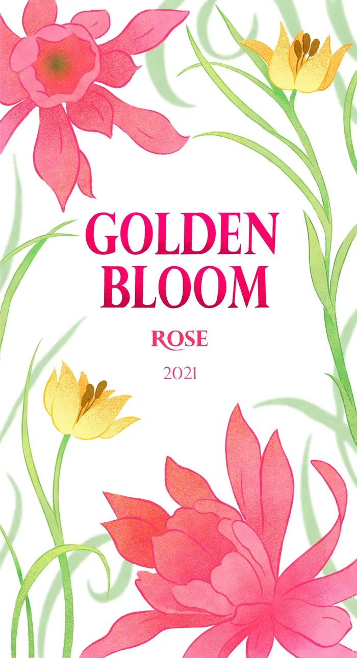 Pink and yellow flowers framing golden bloom rose text 2021.