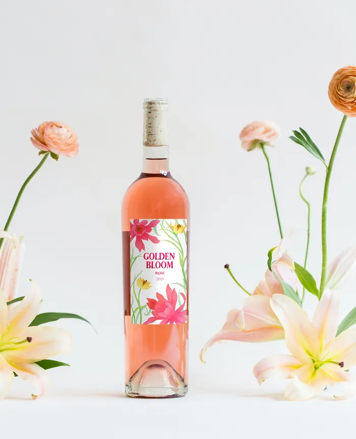 Golden Bloom rosé wine bottle surrounded by pink and white flowers