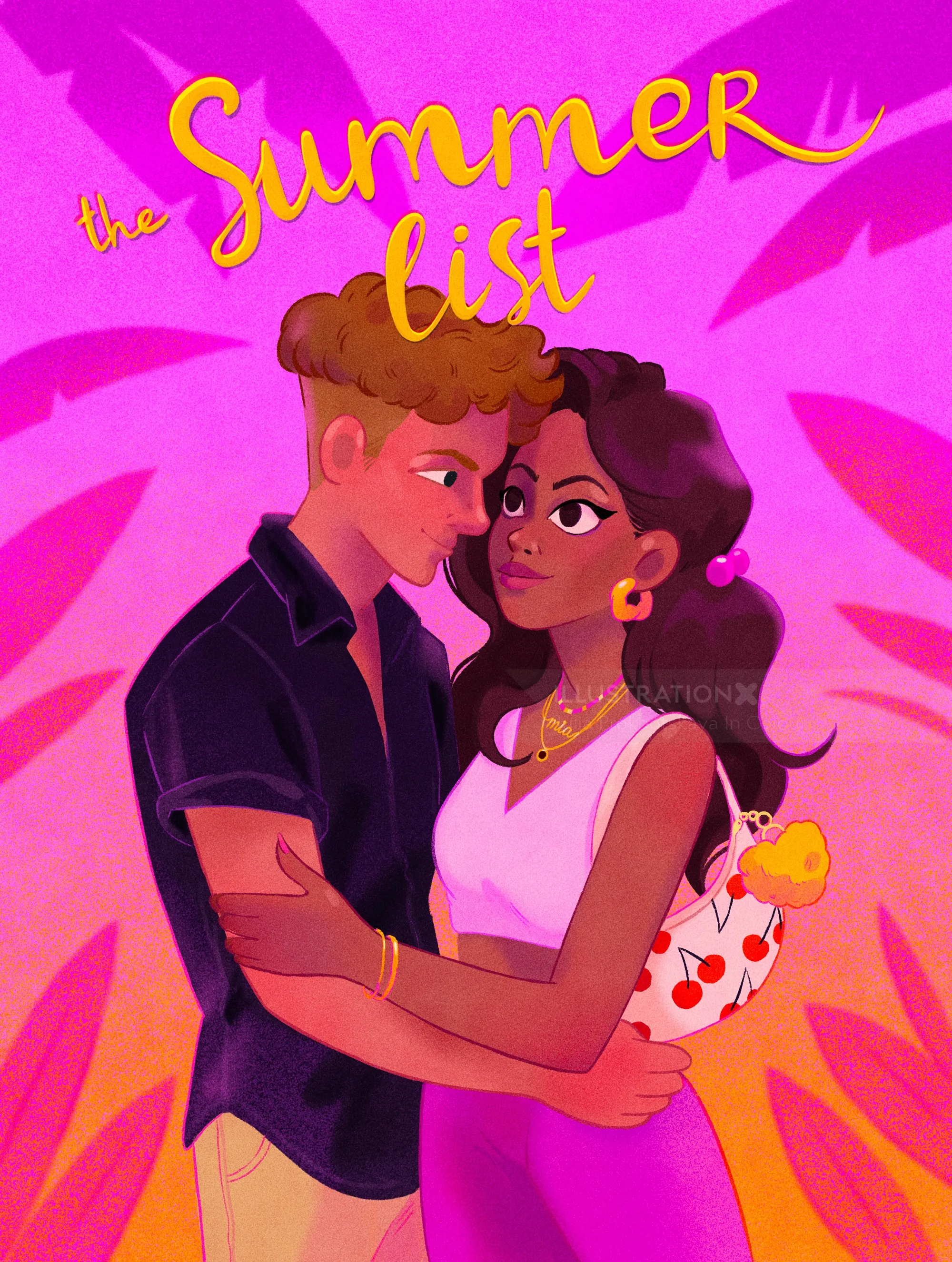 Couple hugging with pink and orange tropical background