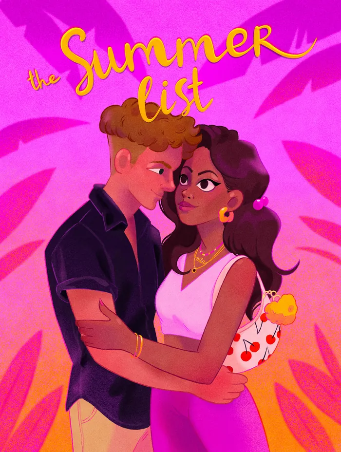 Couple hugging with pink and orange tropical background