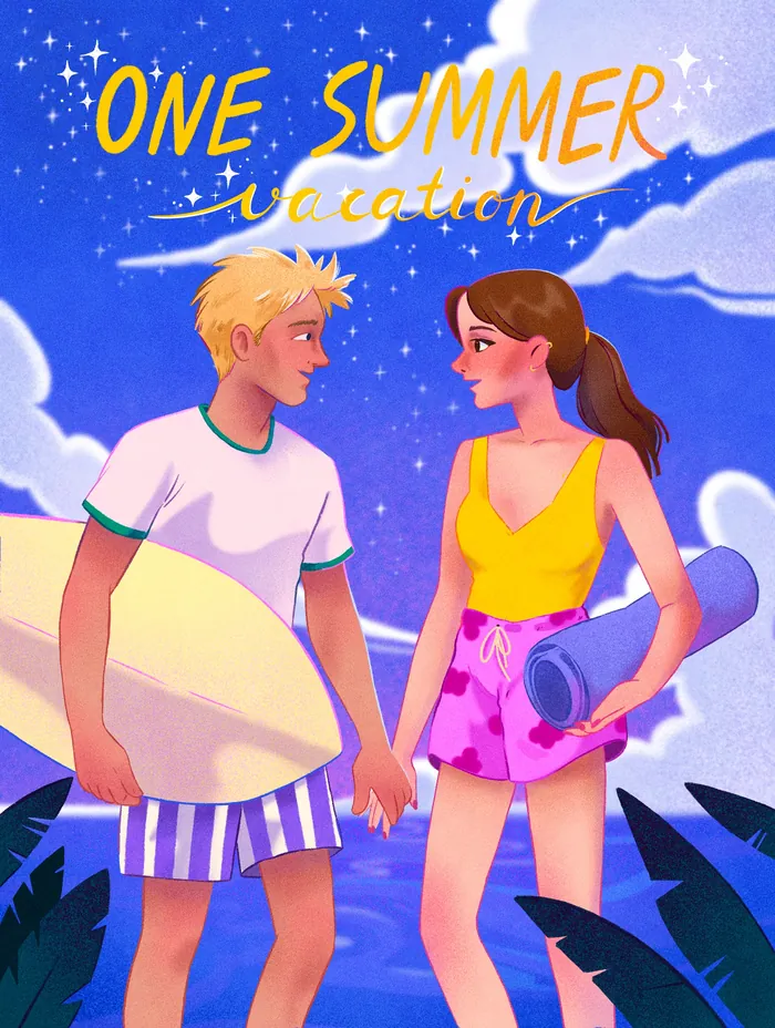 Young couple holding hands with surfboard and yoga mat under starry sky