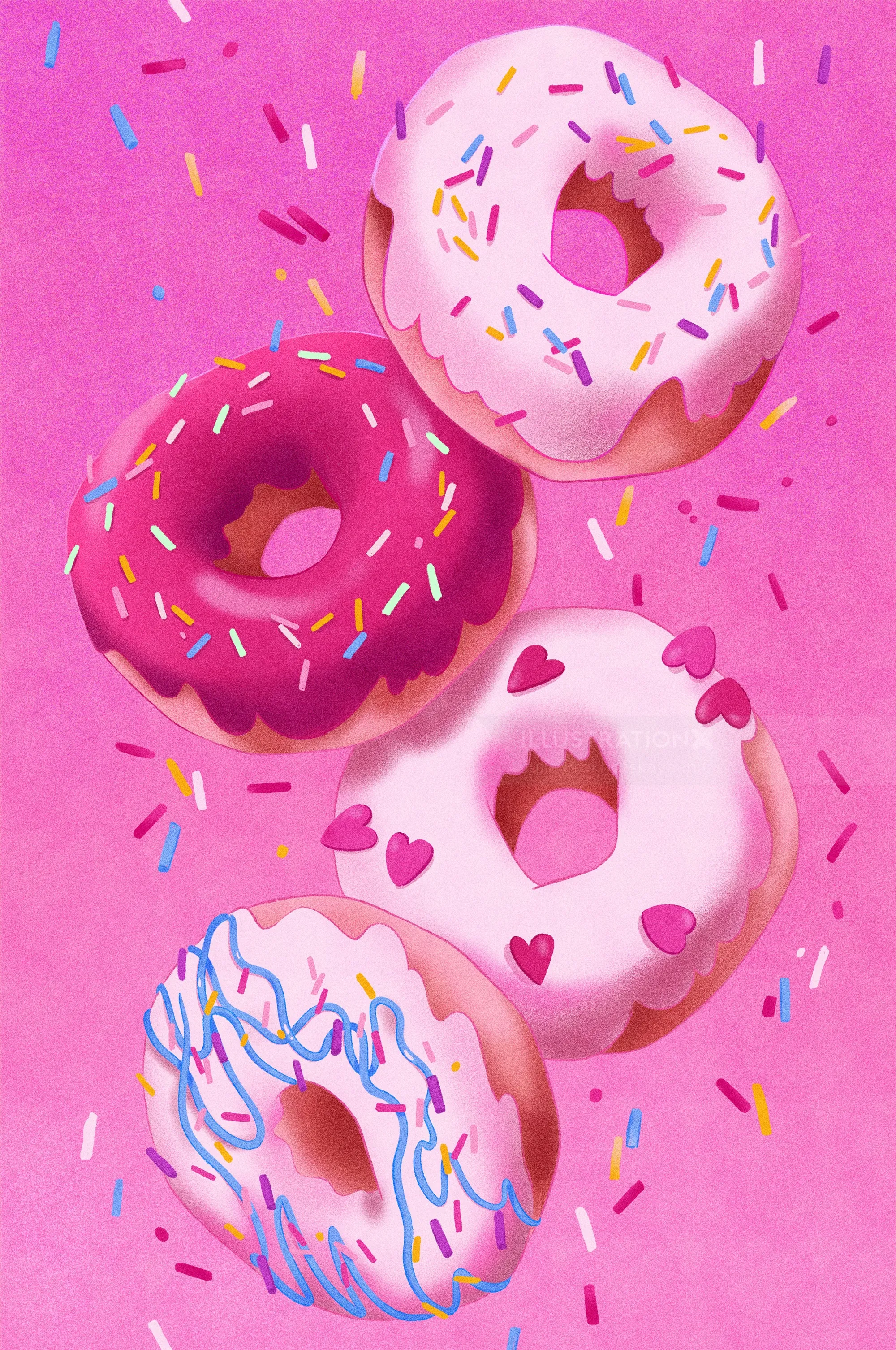 Four donuts with pink, white, and purple icing and sprinkles