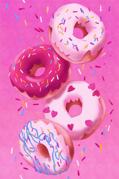 Four donuts with pink, white, and purple icing and sprinkles