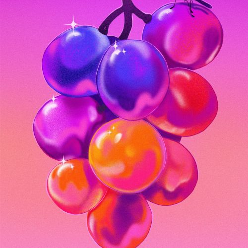 Colorful grapes with gradient hues and a butterfly on a pink-purple background