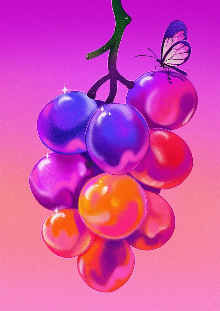 Colorful grapes with gradient hues and a butterfly on a pink-purple background