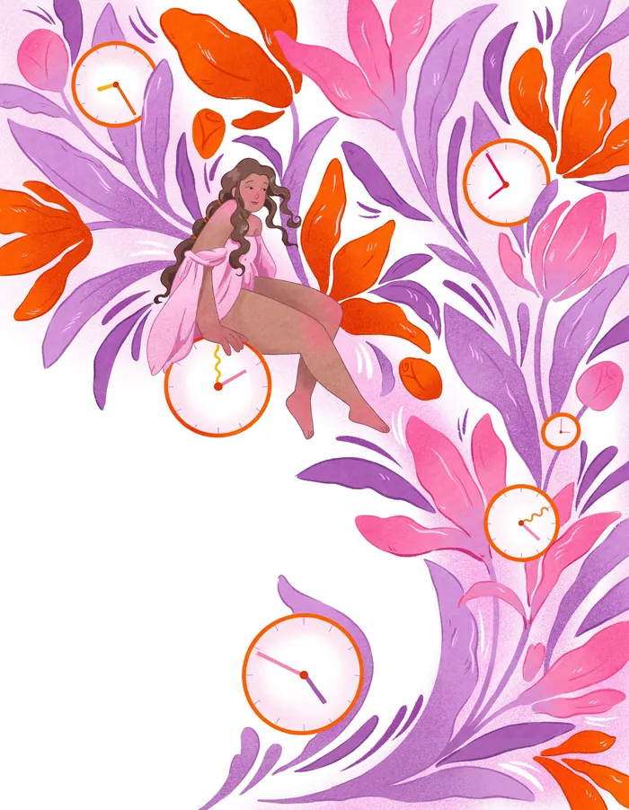 Woman sitting among colorful flowers and multiple clocks showing time